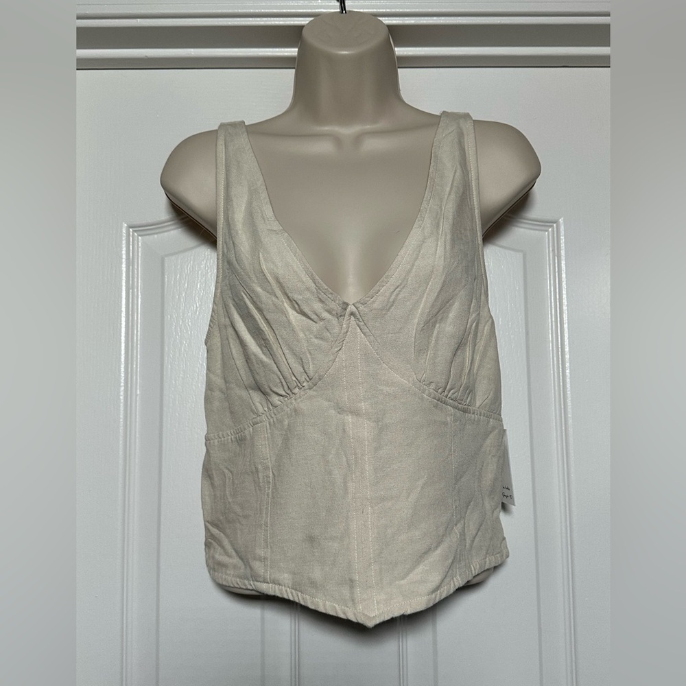 NWT Japna Cream V-Neck Ribbed Corset Womens Linen Blend Cotton Stretch Tank Top
